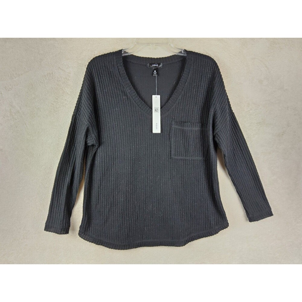 Aqua Women's Long Sleeve Waffle Knit V Neck Black Blouse Top Size S